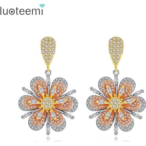 LUOTEEMI Luxury Big Flower Drop Earrings for Women Wedding Engagement Fashion Jewelry CZ Boucle D'Oreille Femme Christmas Gifts