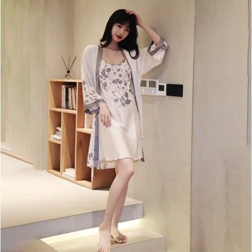 Nightdress Womens Spring Summer Robe Sets New Ice Sexy Sling Nightgown Bathrobe Morning Gown Suit Home Clothes Sleepwear Floral