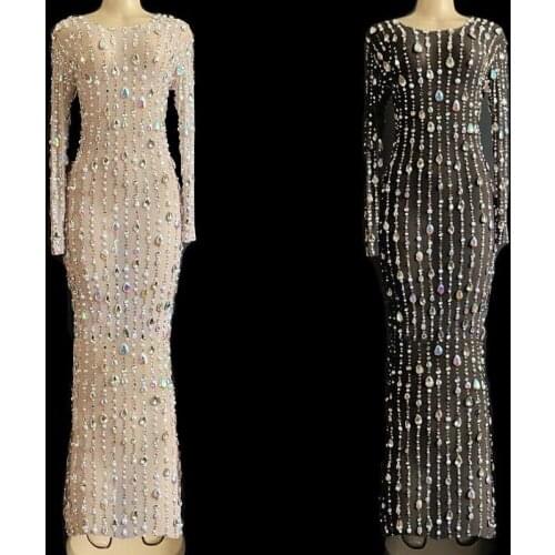 New Rhinestones pearls Mesh Dress Birthday Celebrate Stretch Dress See Through Outfit Singer Prom Party Performance