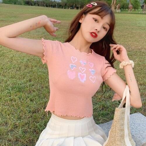 New 2020 Women Sweet Round Neck College Style Knitted Tops Summer Short Sleeve Basic Slim Tees