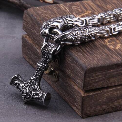 Stainless Steel Wolf Head with Square Chain Necklace thors hammer mjolnir viking necklace with wooden box as boyfriend gift