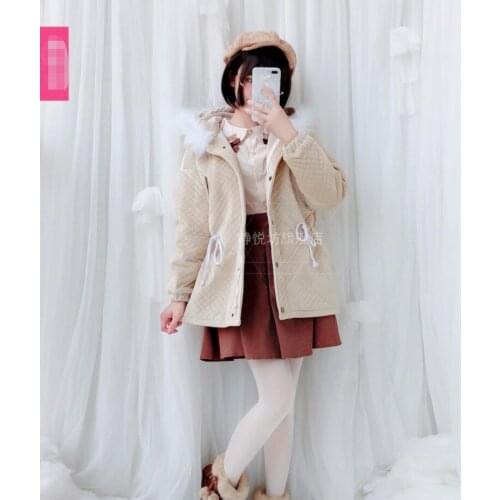 Japanese Mori Girl College Style Sweet Tens Girls Fur Collar Mid-Length Student Lolita Coat Sweet Cute Warm Jacket