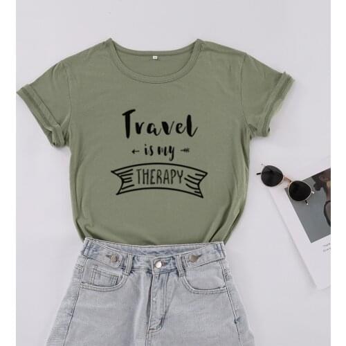 Travel Is My Therapy Fashion Korean Letter Women T-shirt Cotton Plus Size Female Clothing O Neck Shirt Short Sleeve Top Tees