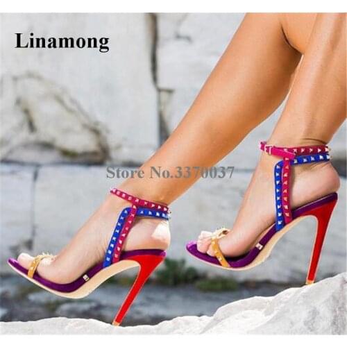 New Fashion Women Open Toe Metallic Studs Thin Heel Sandals Multi-Color Patchwork Suede Straps High Heel Sandals Club Shoes