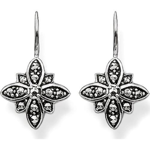 Silver Marcasite Black Star Drop Earrings, Fashion Thomas Style Marcasite Flower Motif Dangle Earings Jewelry Gift For Women