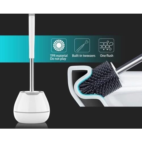 TPR Toilet Brush with A Thoughtful Designed Tweezer and Holder Set Silicone Bristles for Bathroom Washroom Cleaning