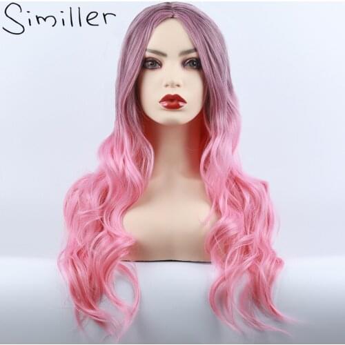 Similler Long Wavy Synthetic Ombre Wigs for Women Dark Root Heat Resistance Fiber Highlights Pink Cosplay Wig Central Part