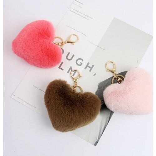 Synthetic Faux Rabbit Fur Ball PomPom 11cm Fluffy Luxury Heart Fur Keychain Gold Metal Key Ring Pendant Bag Charm For Women d242