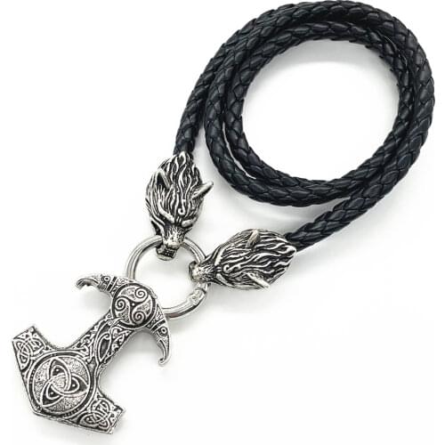 Norse Odin Raven Wolf Amulet Trinity Symbol Thor Hammer Mjolnir Viking Jewelry Male Pendant Necklace Talisman