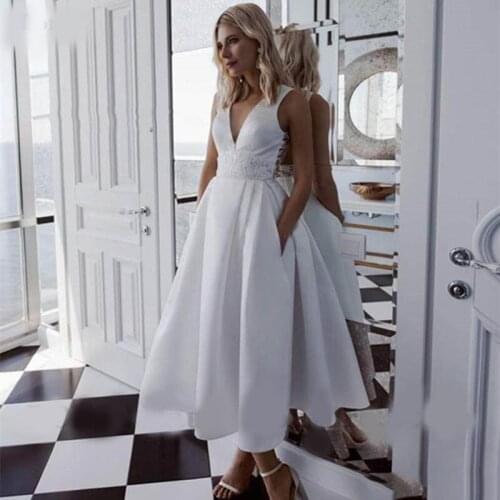 A-Line Ankle Length Wedding Dresses Satin Plus Size Country Short Lace Appliqued Bridal Gowns Vestidos Wedding Gowns