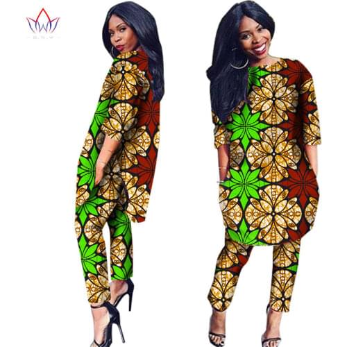 Stock Size Low Price African Two Pcs Set Threee Quarter Sleeve Outwear Women Shirt Dress and Long Pants with Pocket WY1091