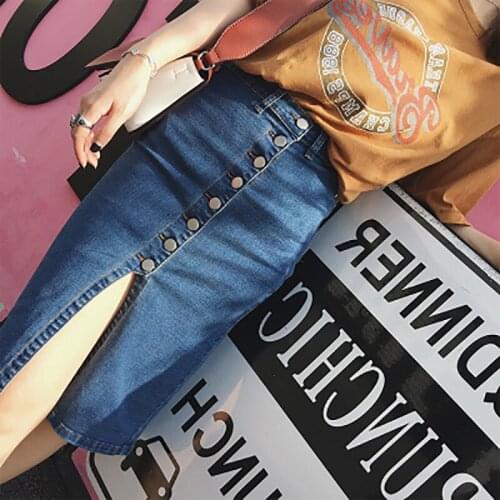 2020 Summer stretch denim midi pencil button skirt female high waist single-breasted split blue jeans bodycon skirts womens C471