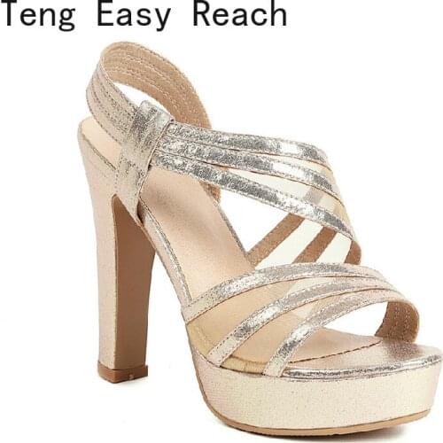 Women Platform Sandals High Chunky Heels Silver PU Casual Party Office Gold Wedding Summer Ankle Strap Ladies Shoes Large size
