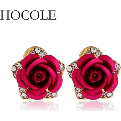 HOCOLE Trendy New 2018 Rhinestone Rose Flower Stud Earrings For Women Party Red Blue Black Romantic Boho Fashion Jewelry Gift