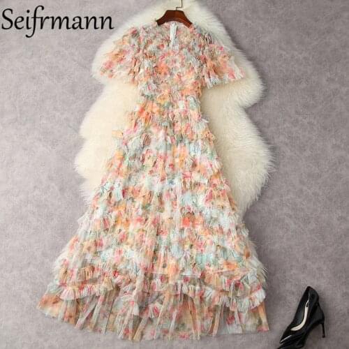 Seifrmann New 2021 Summer Women Fashion Designer Maxi Dress Short Sleeve High Waist Cascading Ruffle Floral Printed Mesh Dresses