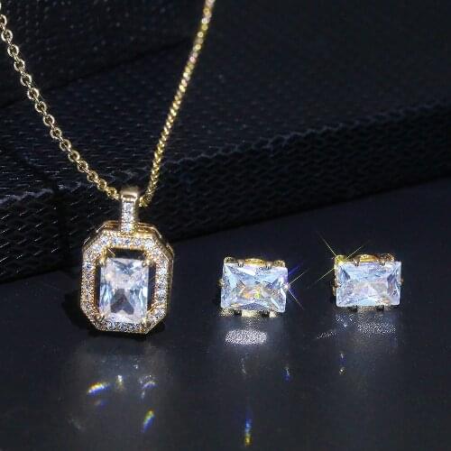 Women Necklace Earrings Gold Plated Cubic Zirconia Square Jewelry Set Banquet Couple Wedding Jewelry Set Fashion Jewelry Set