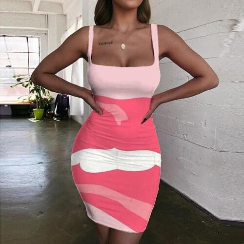 Giyu Brand Lips Dresses Women Pink 3d Print Sexy Halter Sleeveless Romantic Vestido Sexy Womens Clothing Summer New Boho