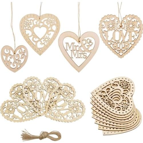 10pcs/lot Wood Weddings Embellishment Laser Cut Love Heart Hanging Ornament Wooden Mr Mrs Rustic Wedding Party DIY Decoration