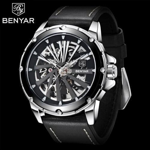 2021 Benyar New Mens Automatic Mechanical Business Watch Double-sided Hollow Design Leather Night Light Watch Relogio Masculino