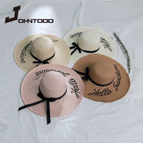 2021 Summer Women Sun Hats Weave Handmade Letter Black Ribbon Lace Up Large Brim Straw Hat Outdoor Beach Caps Chapeu Feminino