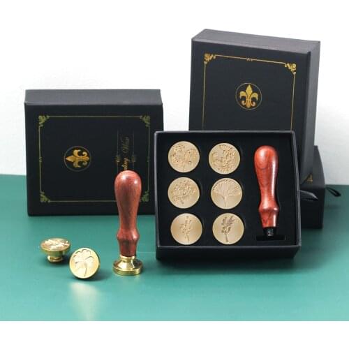 6pcs Set Wax Seal Stamp Retro Wood Handle Blessing Flower Pattern Antique Seal Stamp Handcrafts Wedding Invitations Tools