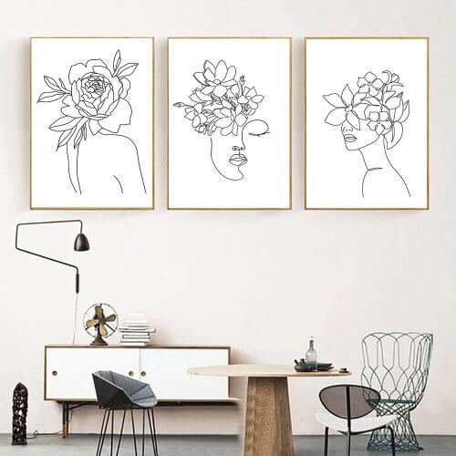 Abstract Woman Face Flower Canvas Art Print Lady Body Line Drawing Poster Black And White Wall Painting Picture Girls Room Decor