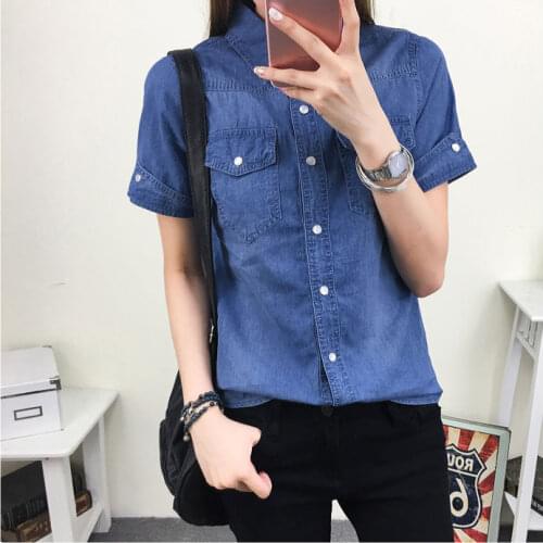 Summer women fashion slim water wash short sleeve single breasted denim blouse female trendy brief design cotton casual shirt