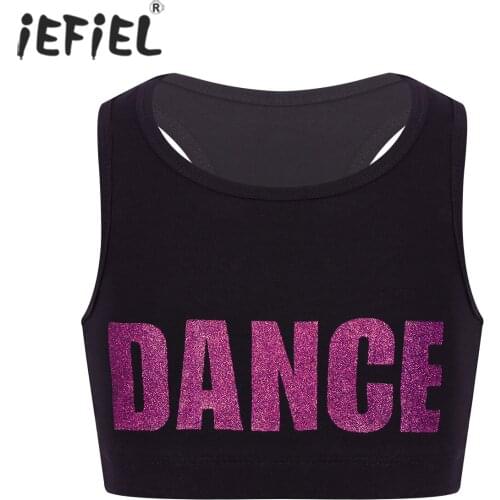 Kids Girls Racer Back Shiny Letters DANCE Printed Crop Top Bra for Gymnastics Leotard Costume Dance Tops Stage Performance