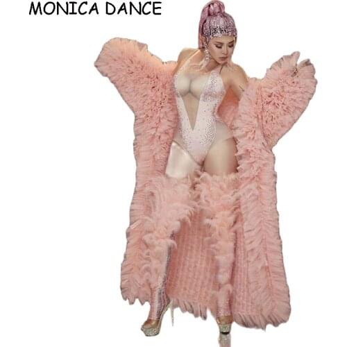 Women Sexy Nightclub Singer Concert Sexy Stage Wear Pink Long Cloak Rhinestones Bodysuit Feather Leg Cover Outfit Dance Costume