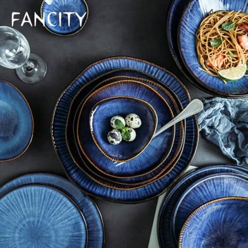 FANCITY Nordic Klin Glaze Blue Color ceramic tableware home flat plate deep steak dish breakfast dinner plate big bowl