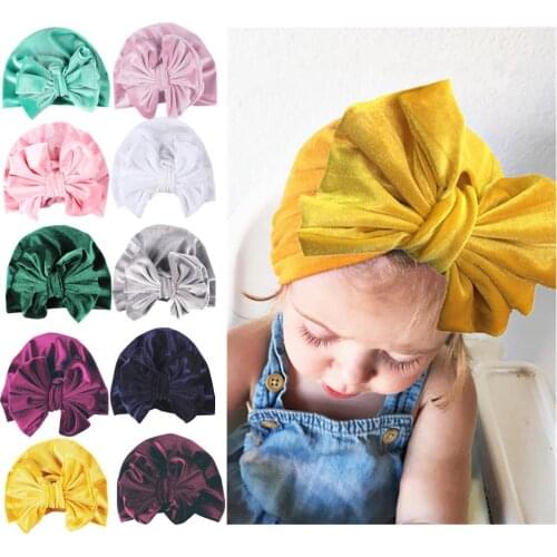 New Solid Velvet Turban Hat Top BowKnot Ear Caps For Baby Kids Newborn Beanie Stylish Autumn Headwear Party Gift Photo props