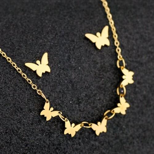 New Butterfly Necklace Earrings Clavicle Chain Sweater Chain Gold Plated Stainless Steel Necklace