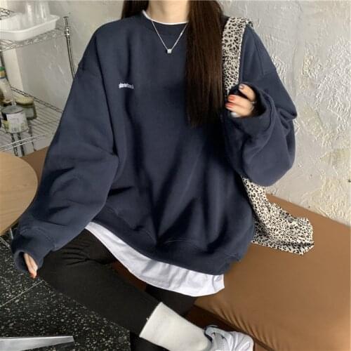 Autumn Winter Girl Korean Version Oversized Hoodies Street Style Letter Long Sleeve Sweatshirt Fleece Thick Pullover Tops Femmes