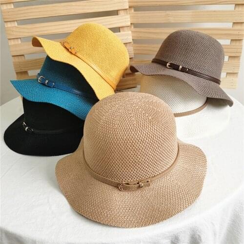 New Korean Fashion Linen Dome Fisherman Bucket Hat With PU Belt Decoration Sun Visor Summer Beach Hats For Women Girl Basin Hat