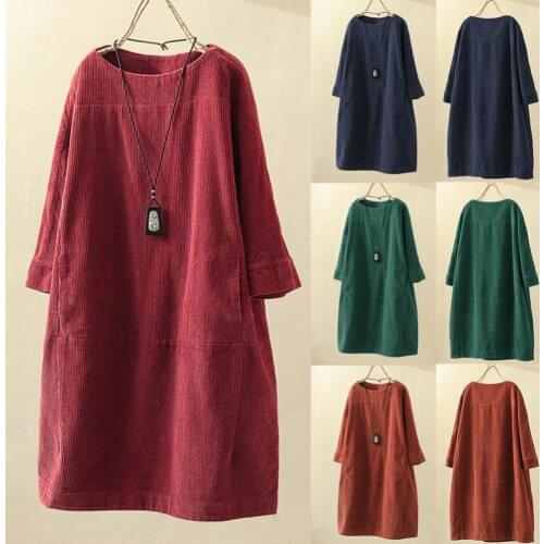 Womens Summer Dresses Women Fashion Solid Casual Color Long Sleeve O Neck Corduroy Pockets Plus Size Loose Midi Dress for Party