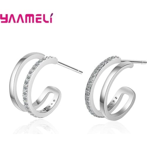 Simple Double Lines Semicirle Stud Earrings Women Men 925 Sterling Silver Cubic Zircon Piercing Earring Pendientes High Quality