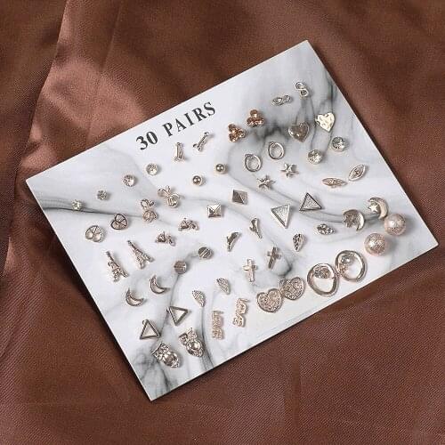 Simple new jewelry small studs earrings set combination geometric female alloy one card 30 pairs combination earrings earring