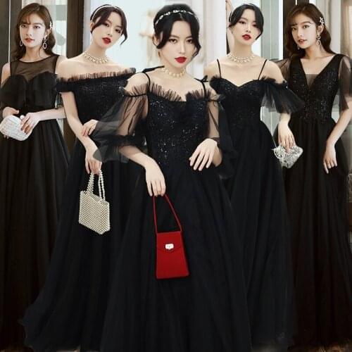 Luxury Black Bridesmaids Dress A-Line Spaghetti Straps Beading Sequined Embroidery Lace Tulle V-Neck Wedding Party Dresses E041