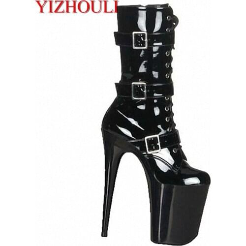 Buckled knight boots, gladiator ankle boots, black lacquer stage show, dancing boots with 20cm heels