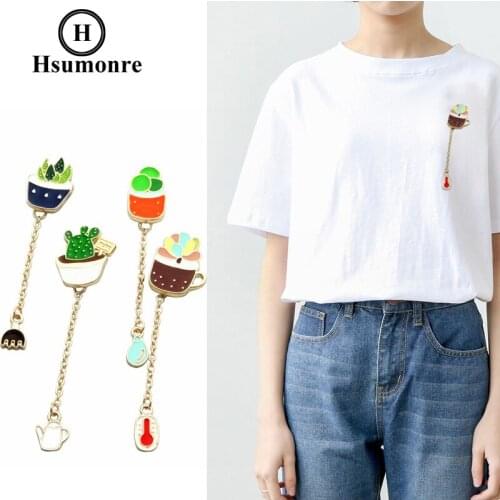 Cactus Cartoon Cute Brooches Red Cup Coffee Lapel Pins Chain Brooch Enamel Plant Denim Jeans Shirt Pin Badge Jewelry 4pcs/set