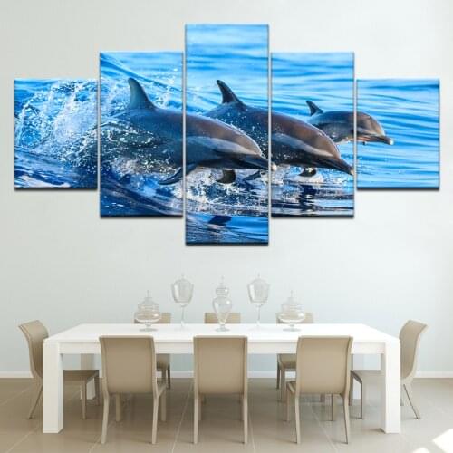 Modern HD Printed Wall Art Framework Canvas Pictures 5 Pieces Blue Ocean Animal Jumping Dolphin Paintings Poster Home Decoration