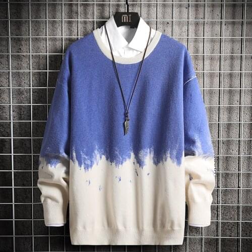 GlacialWhale Oversized Mens Knitted Sweater Men 2021 Gradient Sweaters Jumper Pullover Hip Hop Harajuku Casual Blue Sweater Men