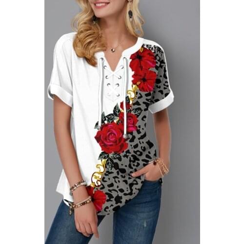 Boho Print Women Blouse Shirt Lace Splice Short Sleeve Female Pullovers Shirts V-neck Loose Casual Lady Tee Tops Plus Size 5XL