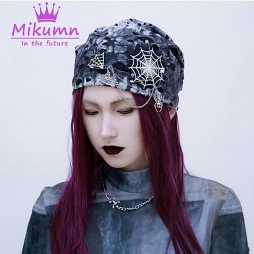 Harajuku Gothic Spider Web Chain Tie Dye Beanies Hats Chic Streetwear Grunge Punk Rock Hip Hop Caps
