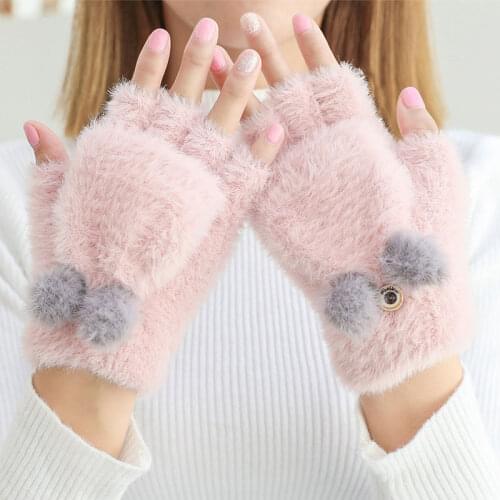 Women Winter Warm Rabbit Fur Flip Half Finger Gloves Female Cute Cartoon Writing Office Plush Velvet Touch Screen Knitted Gloves