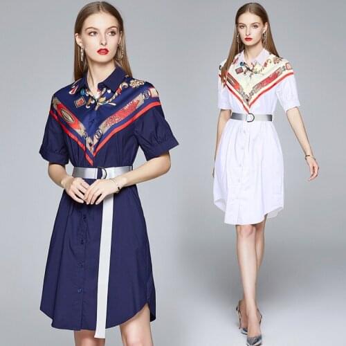 Womens Summer New Temperament Short-Sleeve Panel Printed Single-Breasted Lapel Dress with Belt