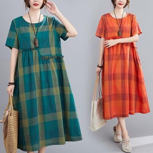 Womens Summer New 2021 Retro Look Thin Loose and Thin Plaid Linen Dresses Mid-length Cotton and Linen Short-sleeved Dress
