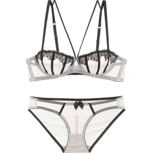 Women Embroidery Lingerie Half-Cup Thin Bra sets Sexy See Though Lace Bra and Panties Sets Underwear B C Cup