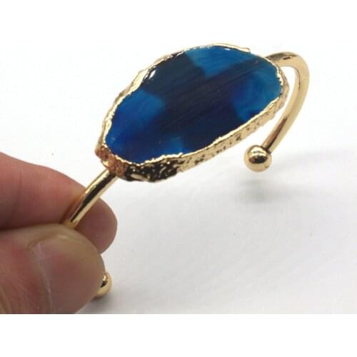 100-Unique 1 Pcs Light Yellow Gold Color Irregular Shape Agates Dyed Blue Bangle Personalized Jewelry