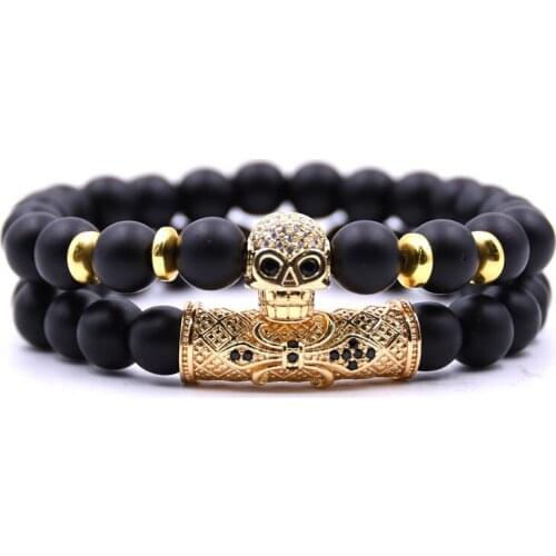 2/pcs Trendy Charm Mens Bracelet Luxury Accessories Matte Stone Bead Skull Set Jewelry Mens and Womens Bracelet Jewelry Gifts